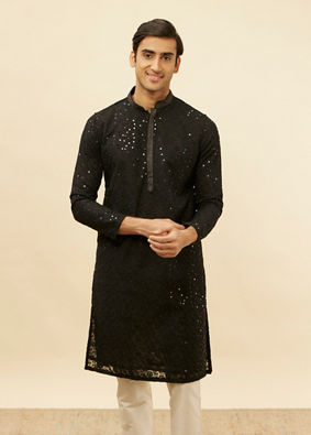 Manyavar Men Jet Black Chikankari Sequinned Kurta Set