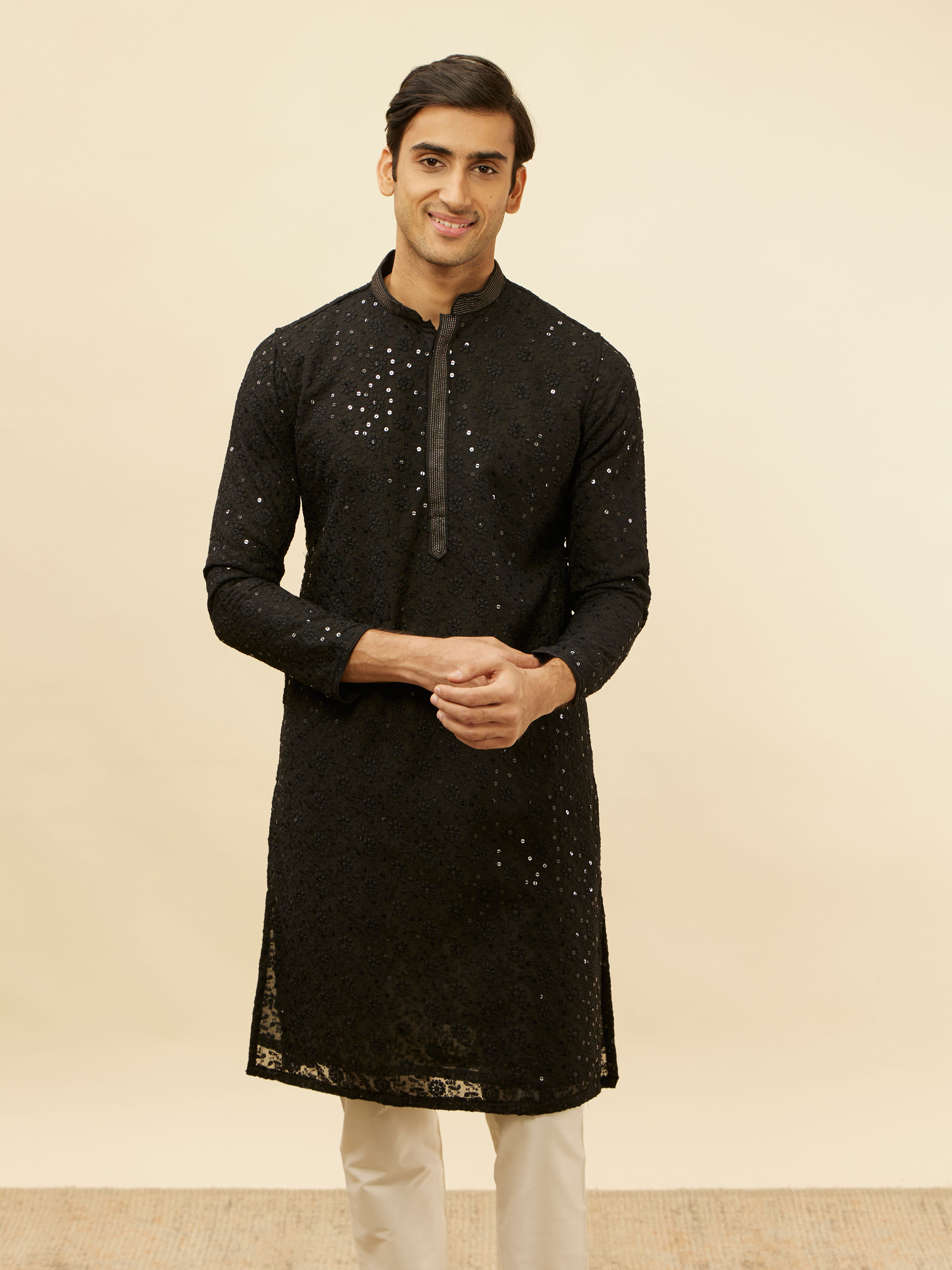 Manyavar Men Jet Black Chikankari Sequinned Kurta Set