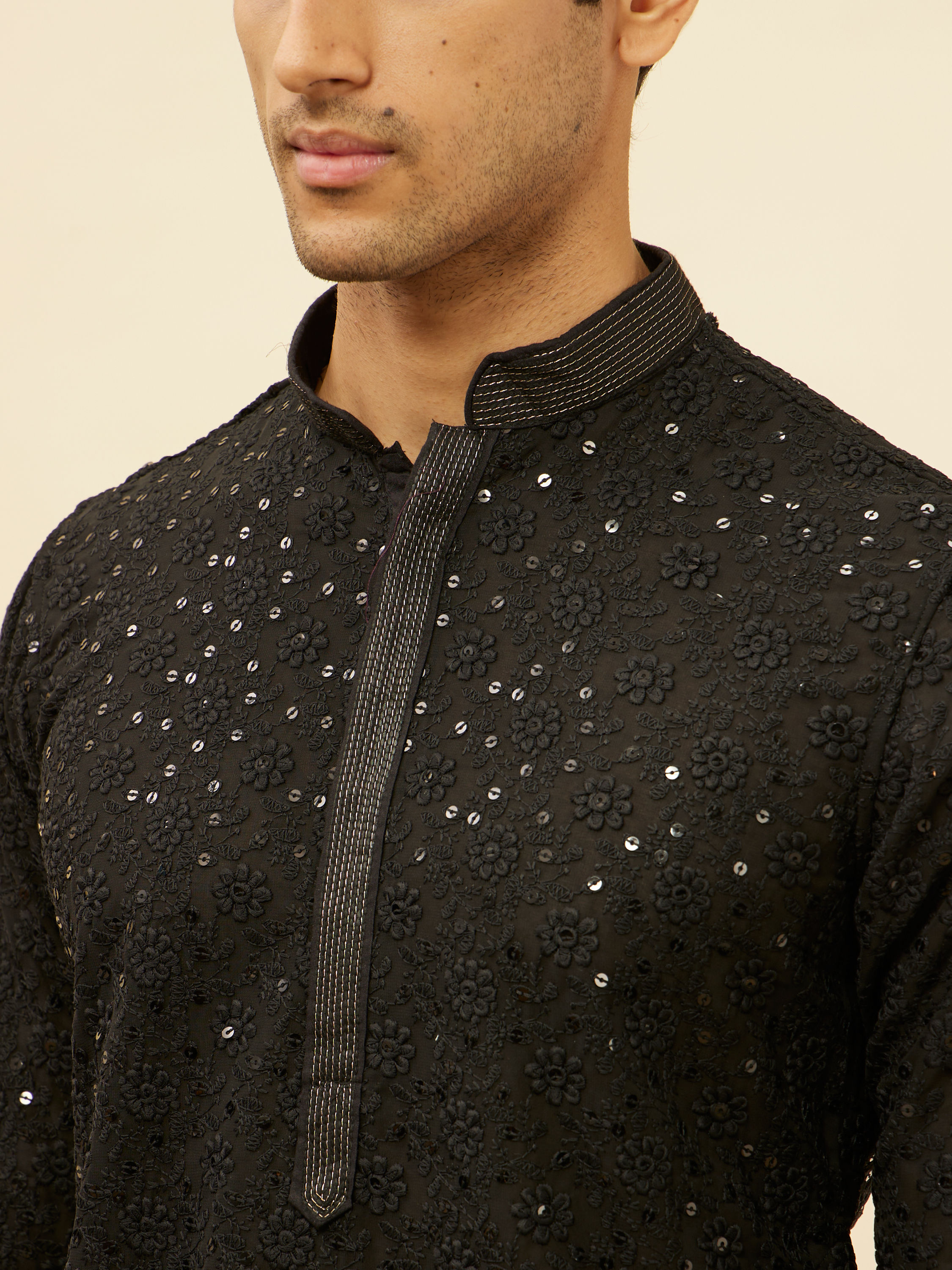 Manyavar Men Jet Black Chikankari Sequinned Kurta Set