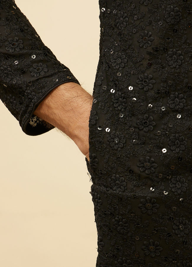 Jet Black Chikankari Sequinned Kurta Set image number 3