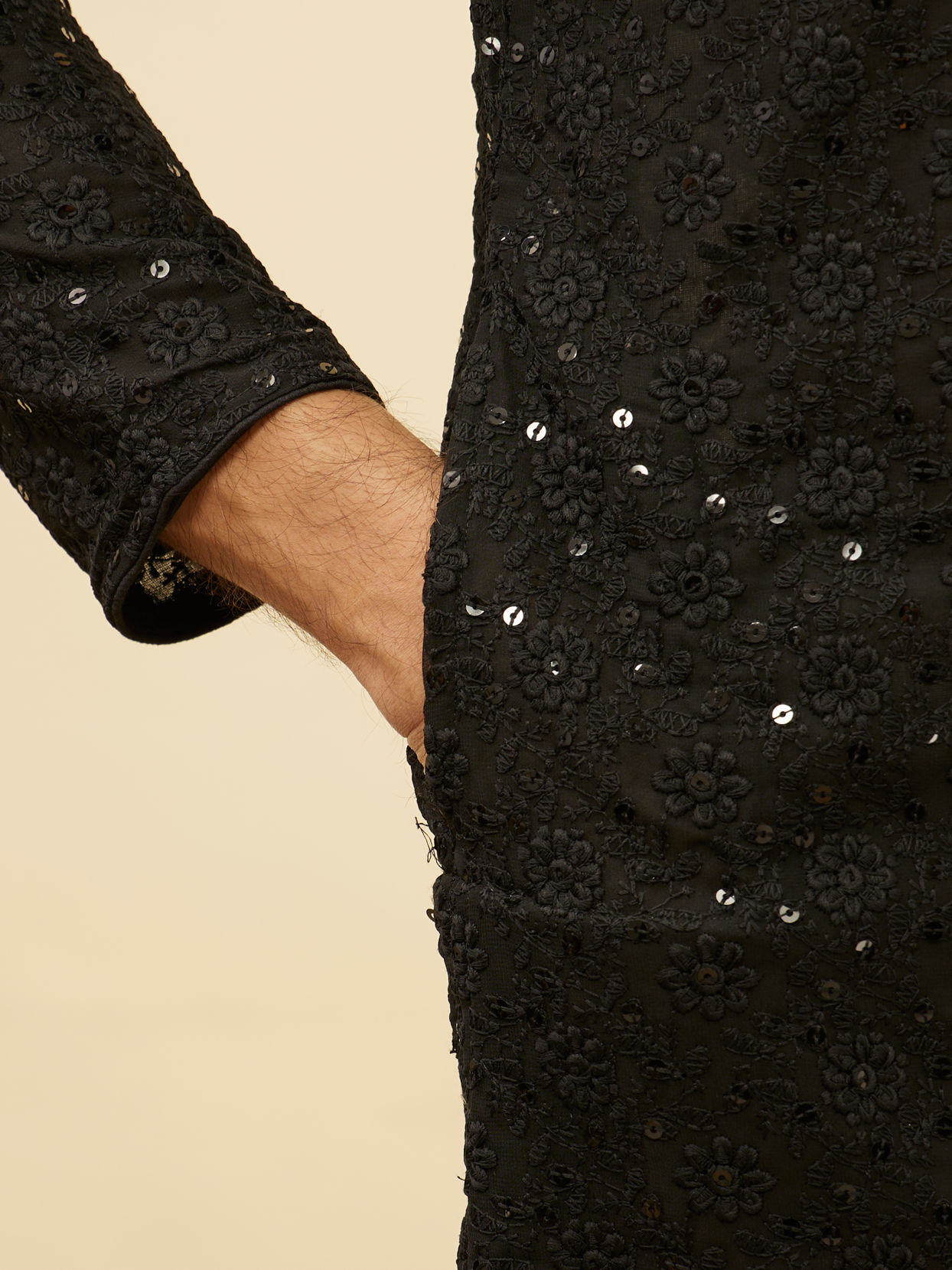 Manyavar Men Jet Black Chikankari Sequinned Kurta Set