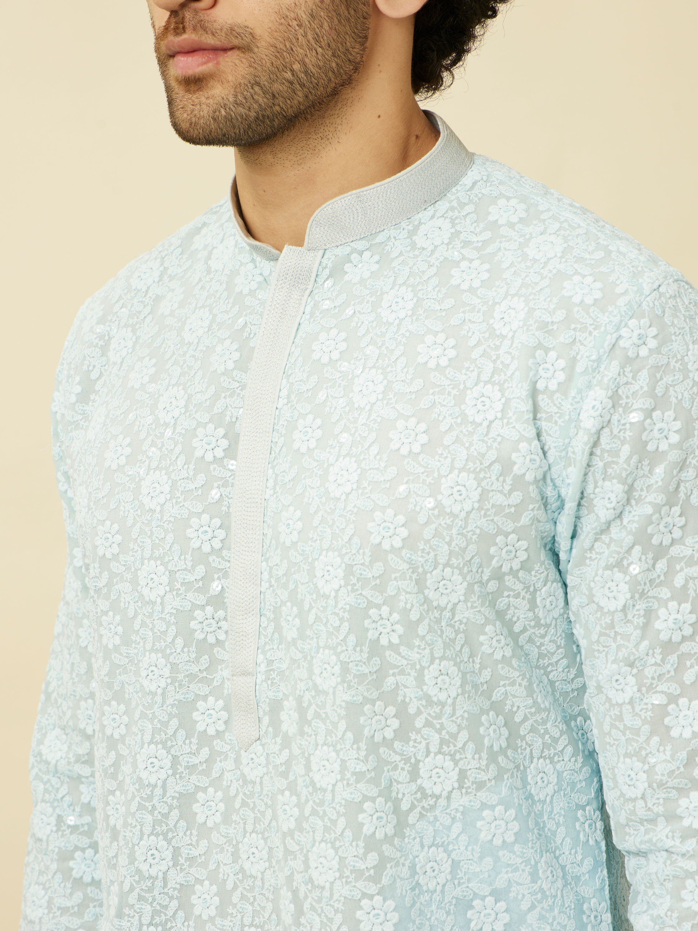 Manyavar Men Tropical Blue Floral Chikankari Embroidered Kurta Set