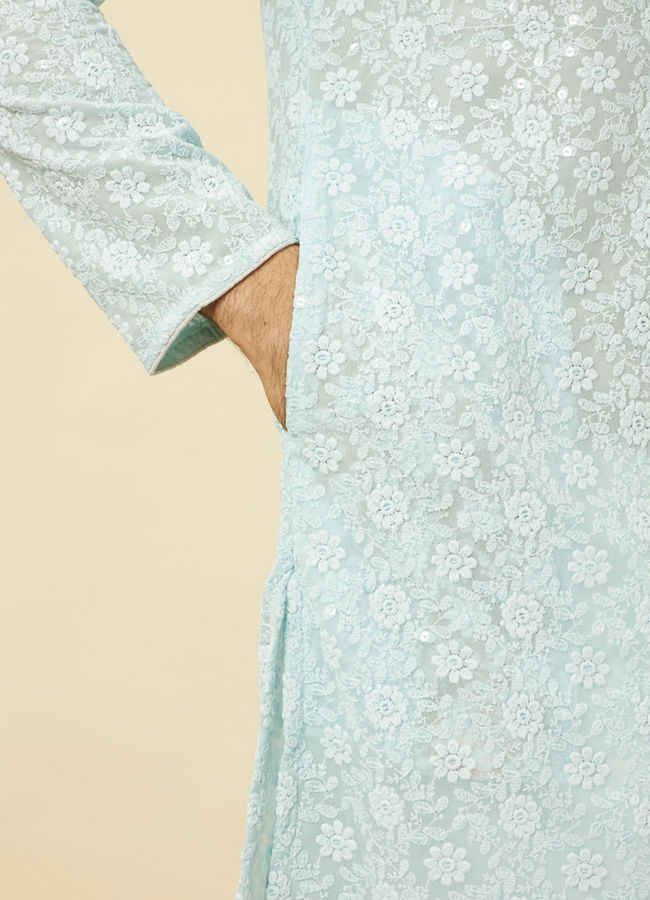 Manyavar Men Tropical Blue Floral Chikankari Embroidered Kurta Set