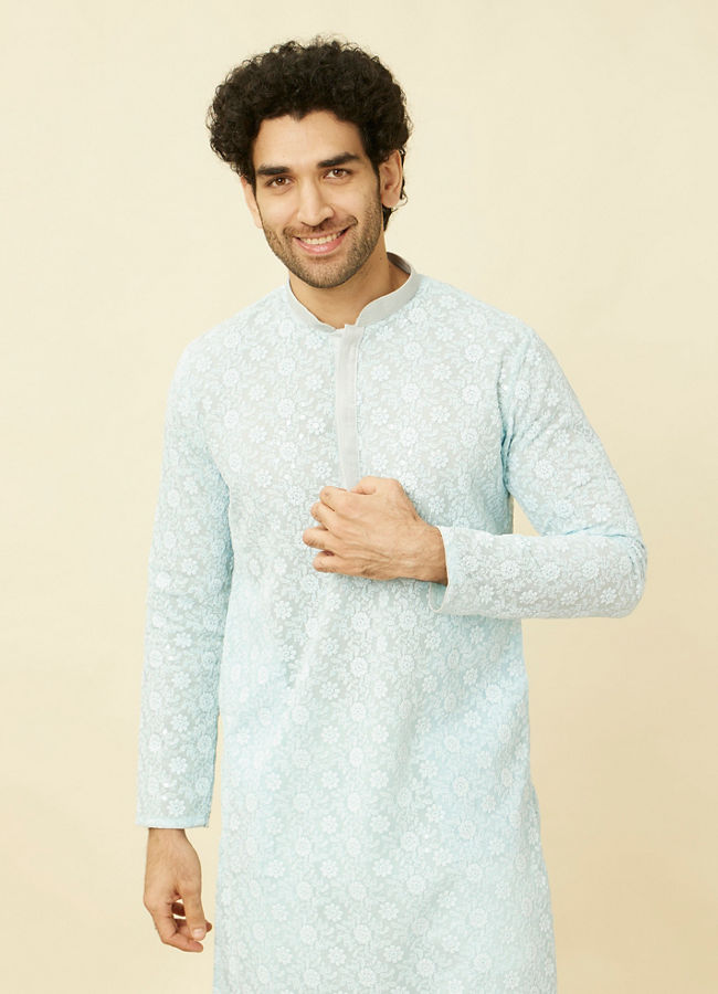 Manyavar Men Tropical Blue Floral Chikankari Embroidered Kurta Set