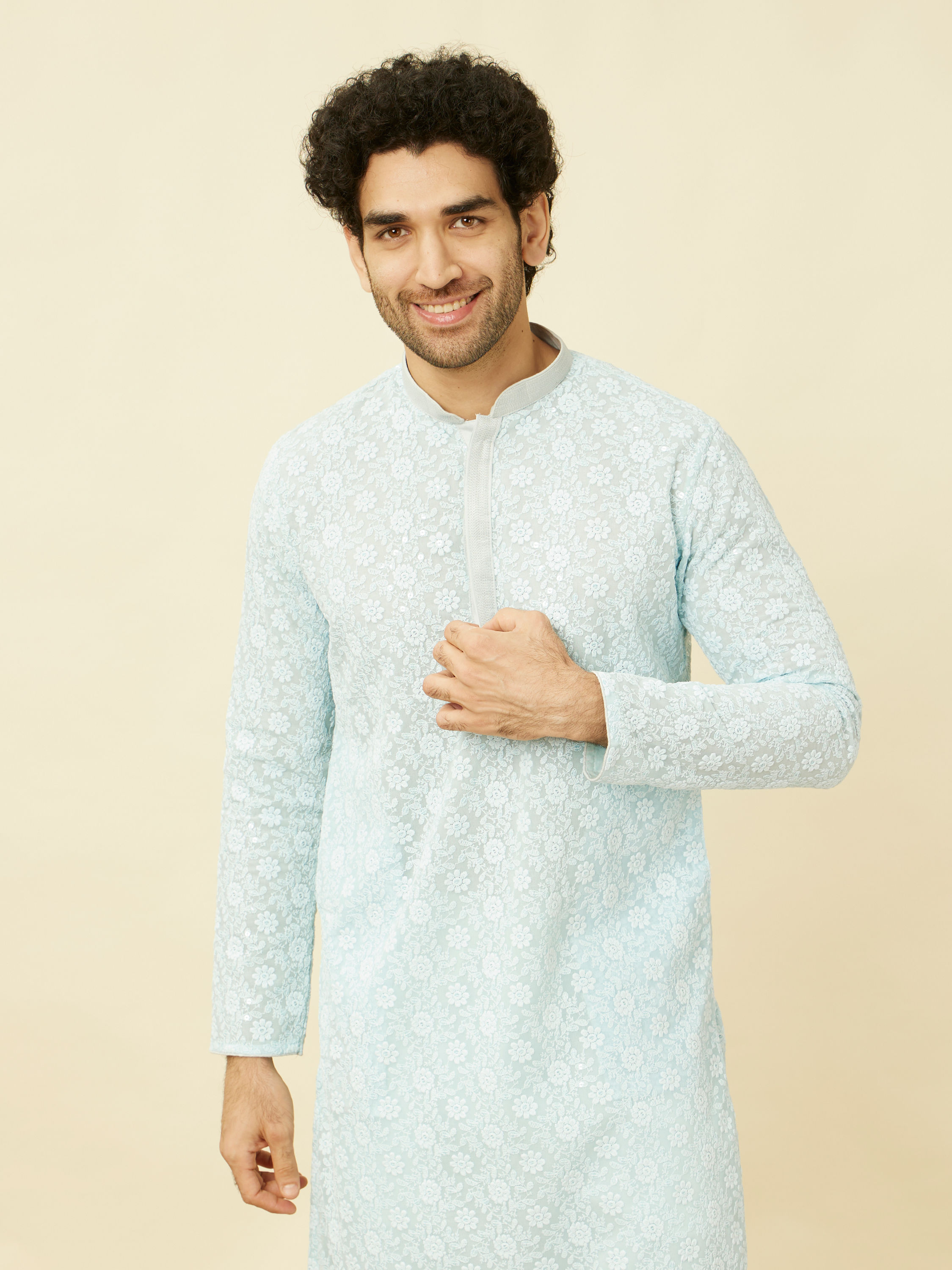 Manyavar Men Tropical Blue Floral Chikankari Embroidered Kurta Set