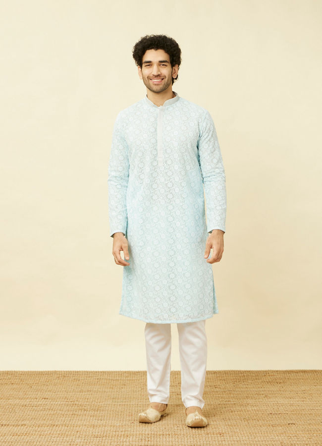 Manyavar Men Tropical Blue Floral Chikankari Embroidered Kurta Set