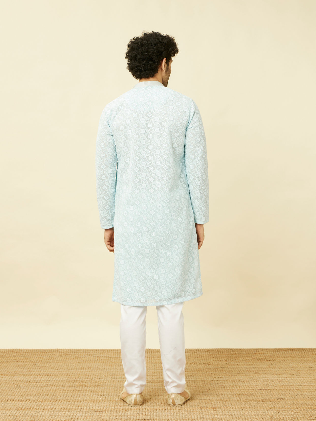Manyavar Men Tropical Blue Floral Chikankari Embroidered Kurta Set