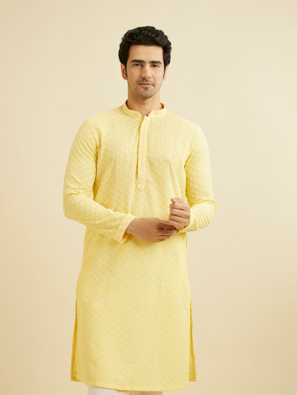 Manyavar Men Light Yellow Chikankari Kurta Pajama