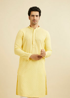 alt message - Manyavar Men Light Yellow Chikankari Kurta Pajama image number 0