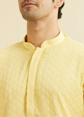 alt message - Manyavar Men Light Yellow Chikankari Kurta Pajama image number 1