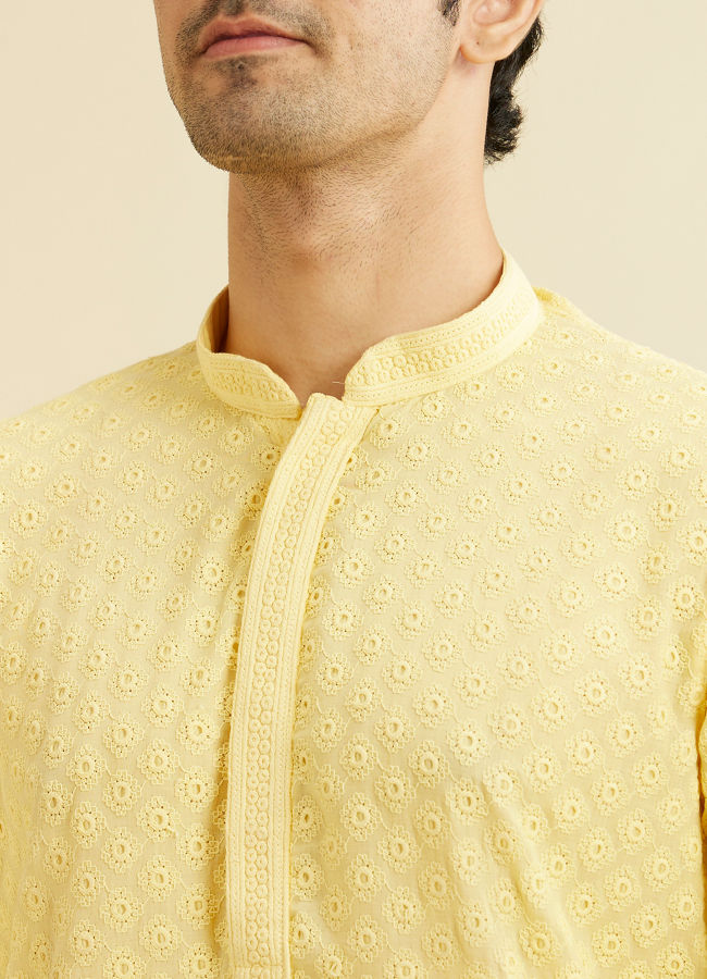 Manyavar Men Light Yellow Chikankari Kurta Pajama image number 1