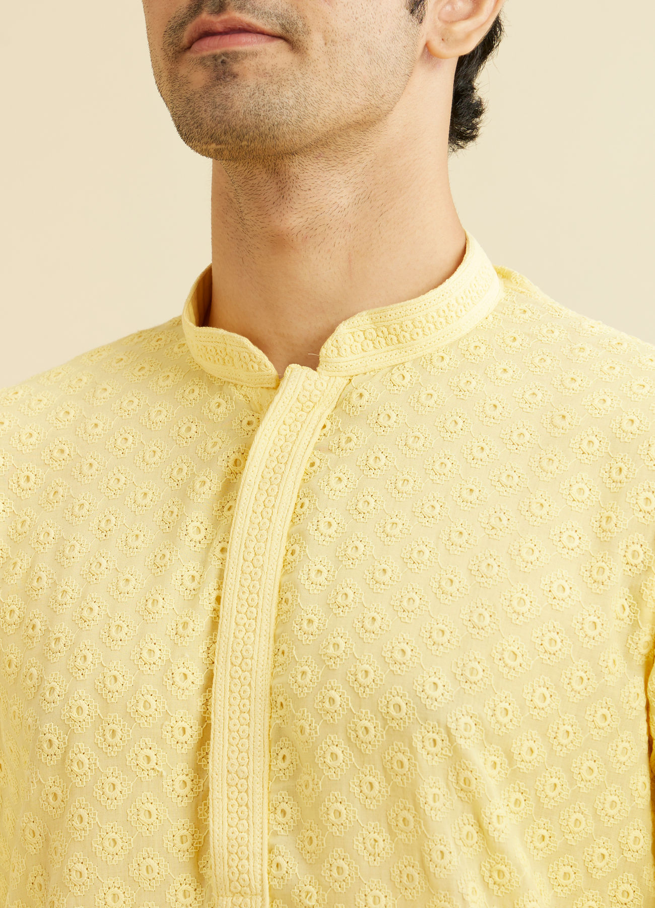 Manyavar Men Light Yellow Chikankari Kurta Pajama