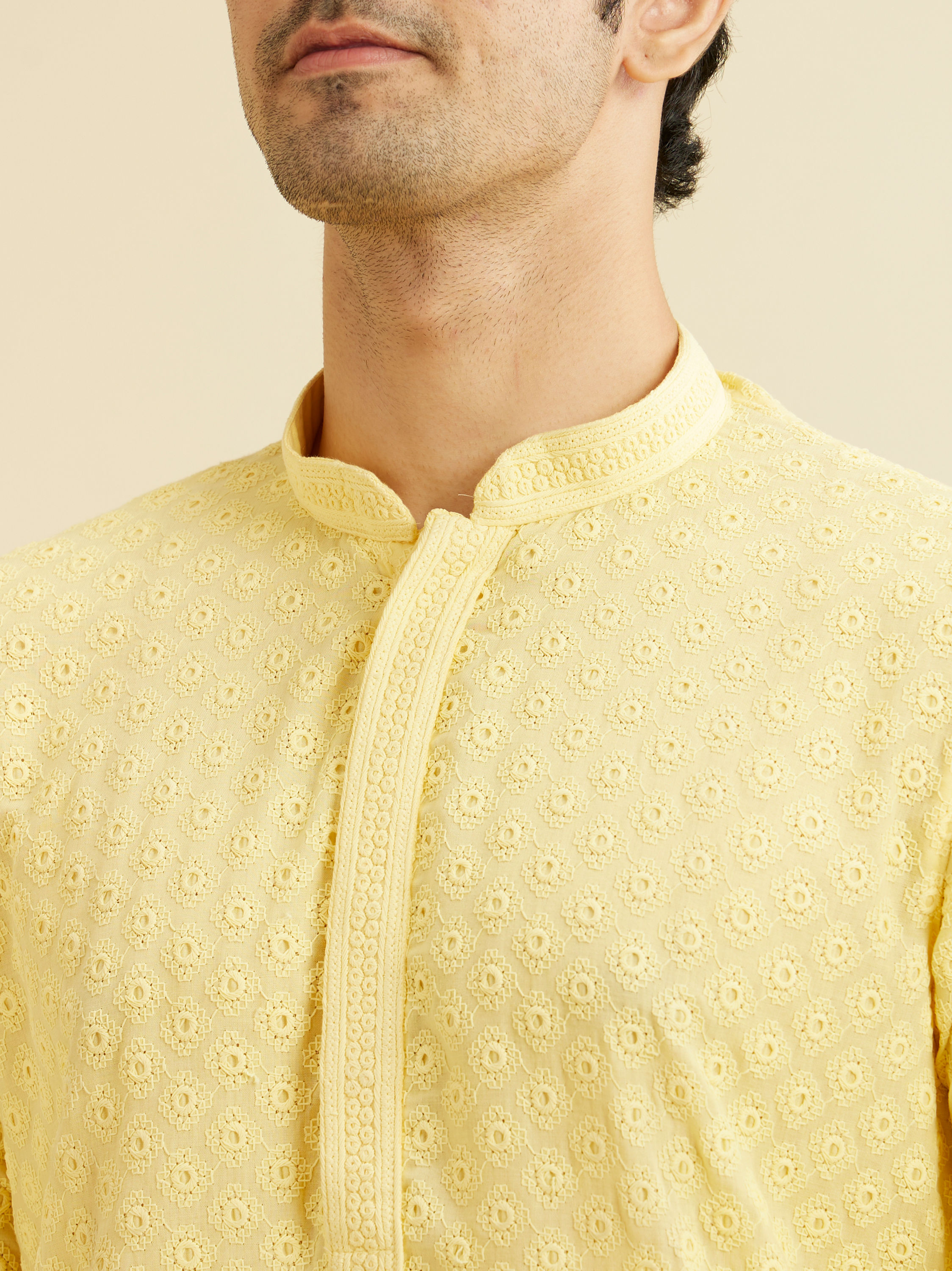 Manyavar Men Light Yellow Chikankari Kurta Pajama