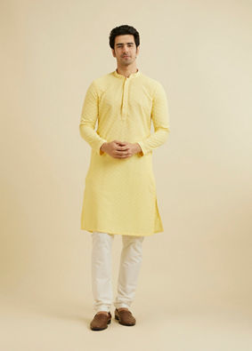 alt message - Manyavar Men Light Yellow Chikankari Kurta Pajama image number 2