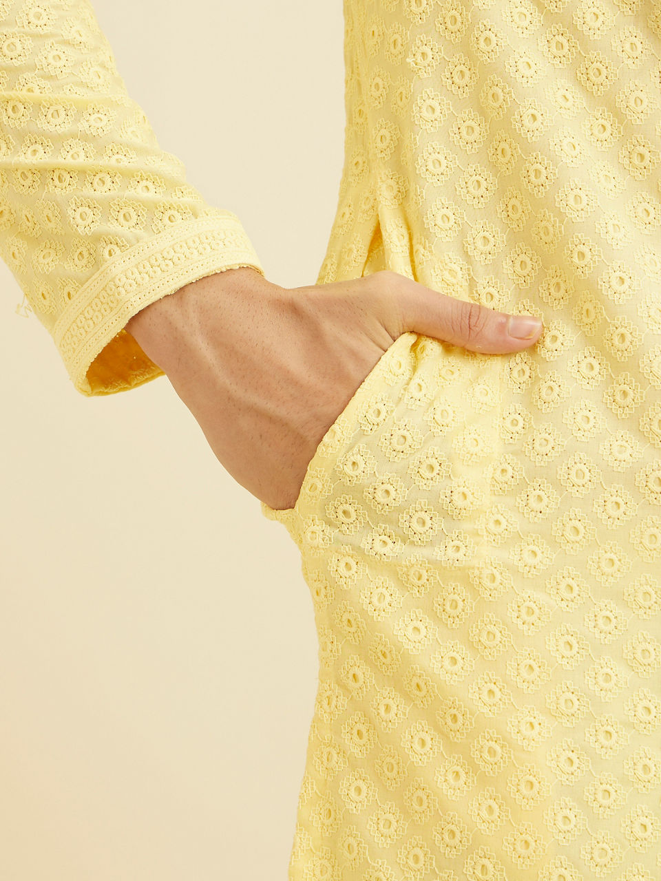 Manyavar Men Light Yellow Chikankari Kurta Pajama