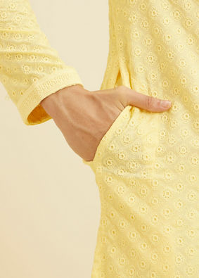 alt message - Manyavar Men Light Yellow Chikankari Kurta Pajama image number 3