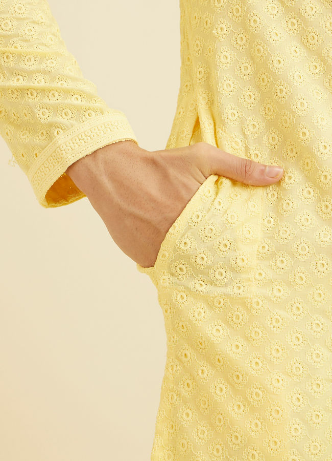 Manyavar Men Light Yellow Chikankari Kurta Pajama image number 3