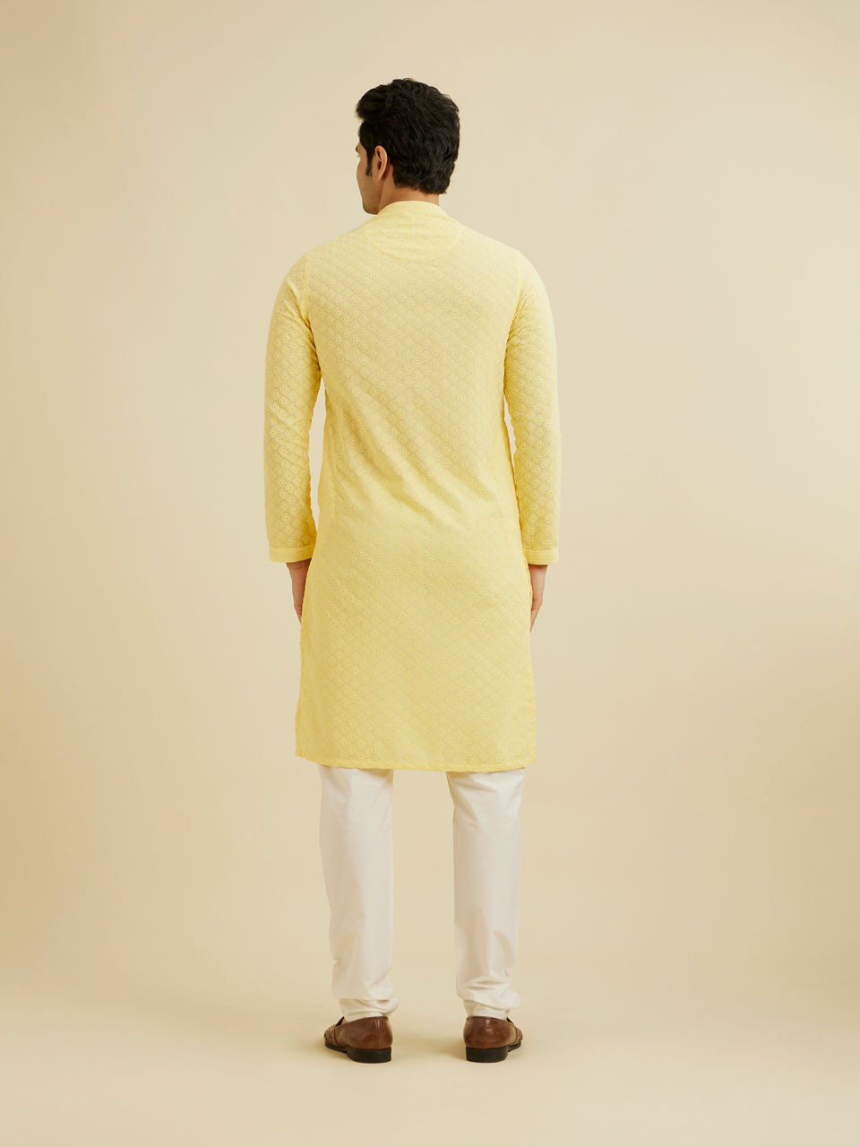 Manyavar Men Light Yellow Chikankari Kurta Pajama