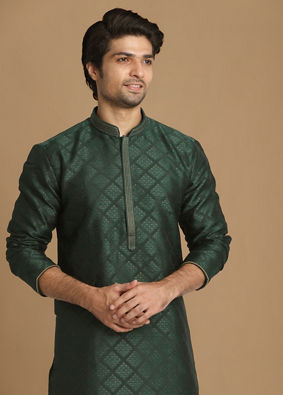 Manyavar Men Bottle Green Jacquard Kurta Pajama image number 0