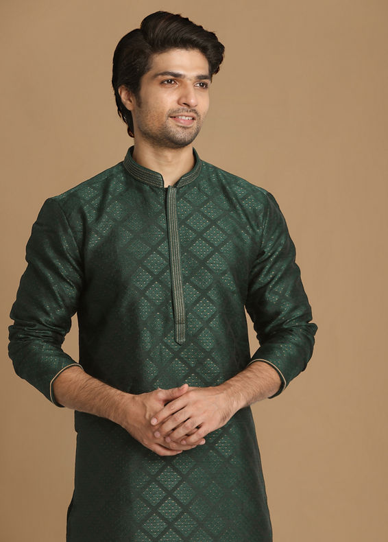 Manyavar Men Bottle Green Jacquard Kurta Pajama