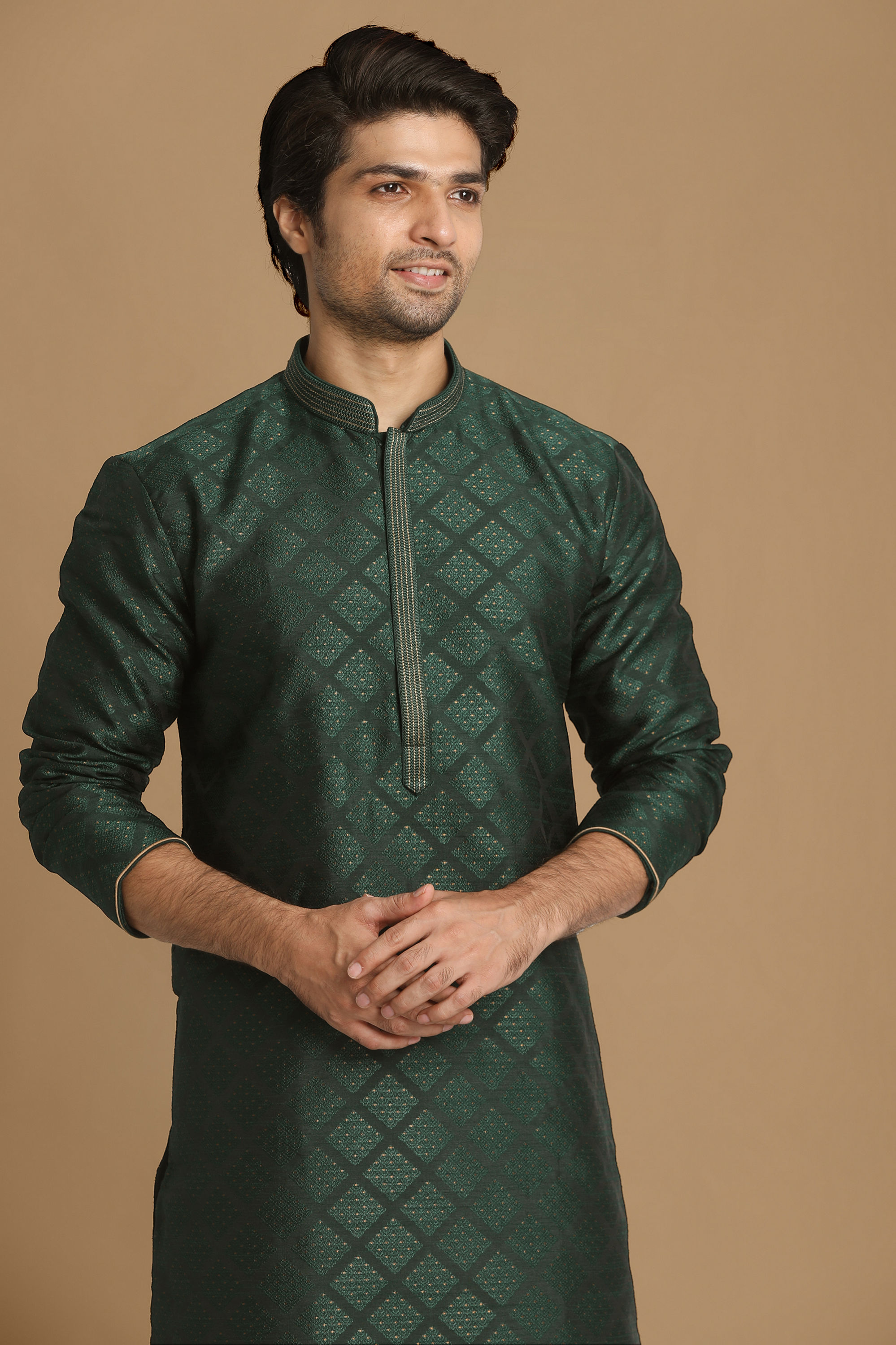 Manyavar Men Bottle Green Jacquard Kurta Pajama