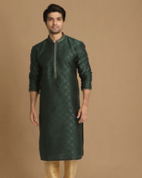 Manyavar Men Bottle Green Jacquard Kurta Pajama