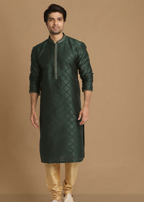 Manyavar Men Bottle Green Jacquard Kurta Pajama image number 1