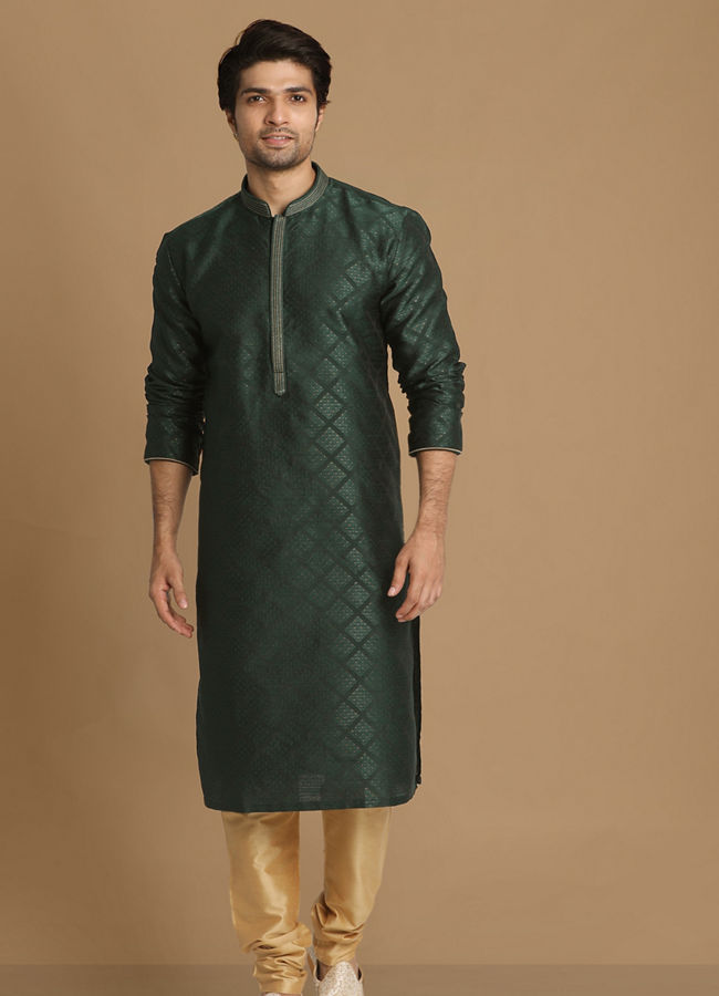 alt message - Manyavar Men Bottle Green Jacquard Kurta Pajama image number 1