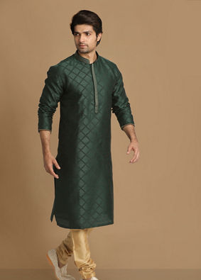 Manyavar Men Bottle Green Jacquard Kurta Pajama image number 2