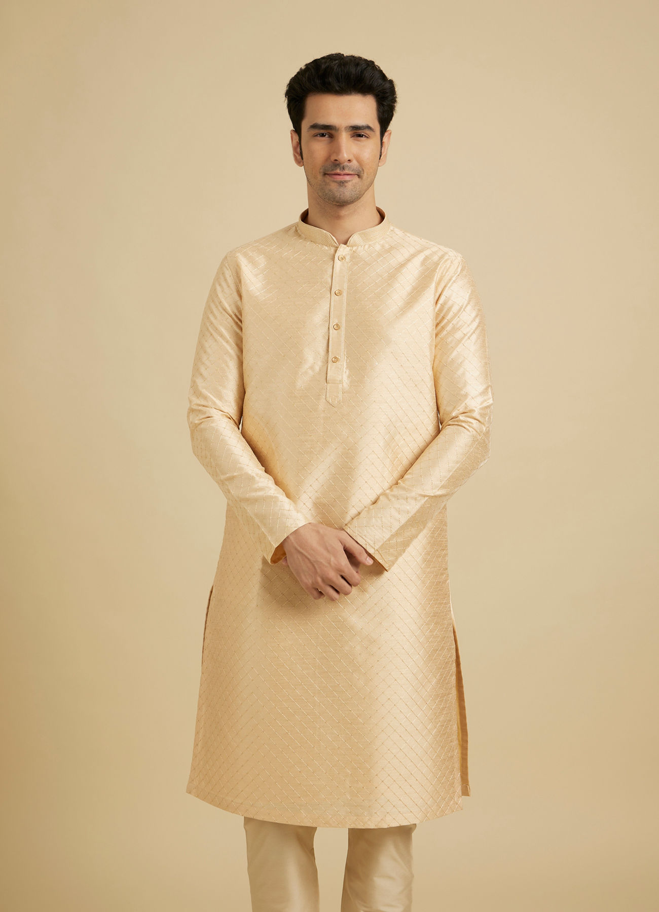 Manyavar Men Light Cream Embroidered Kurta Set