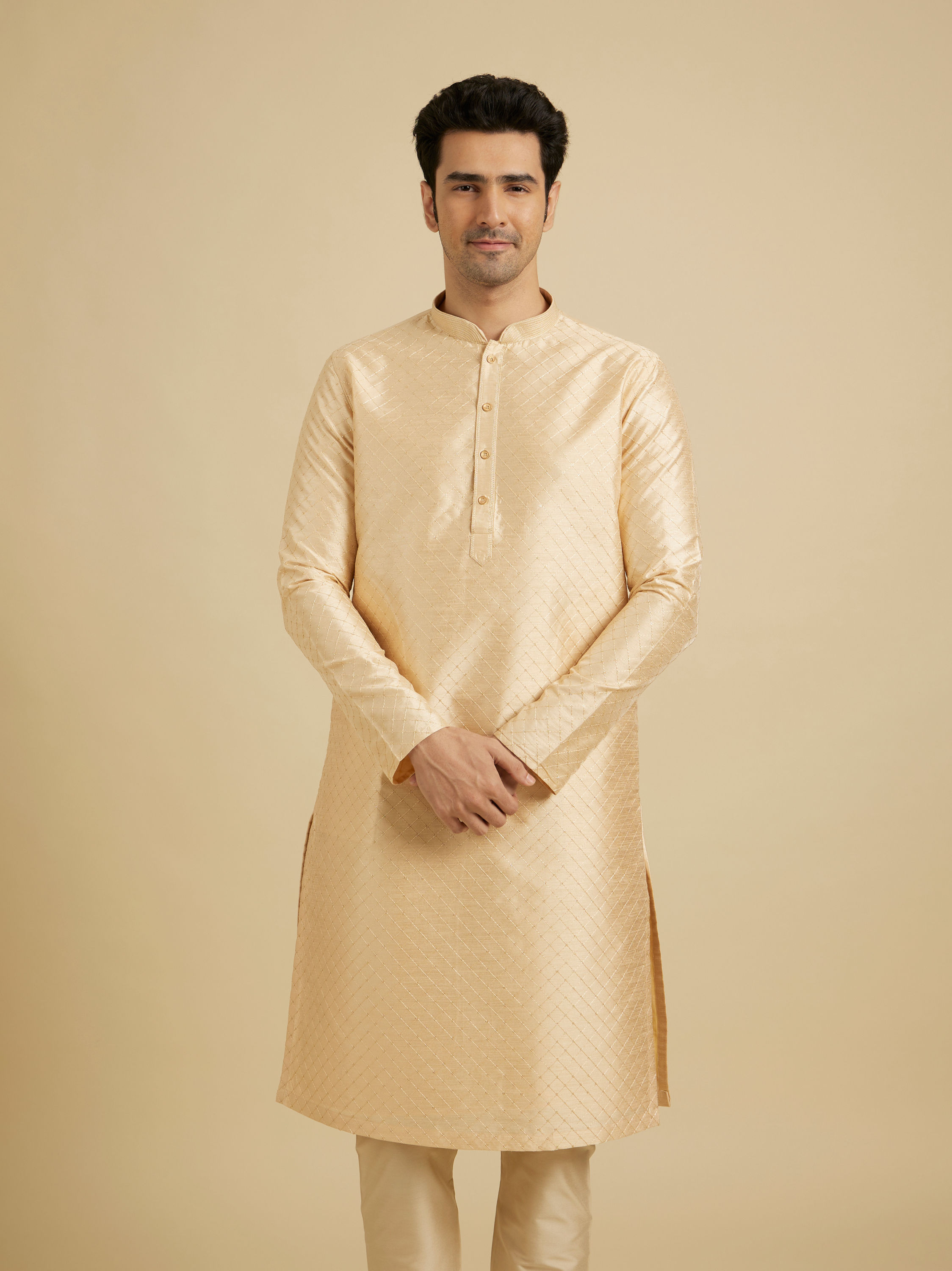 Manyavar Men Light Cream Embroidered Kurta Set