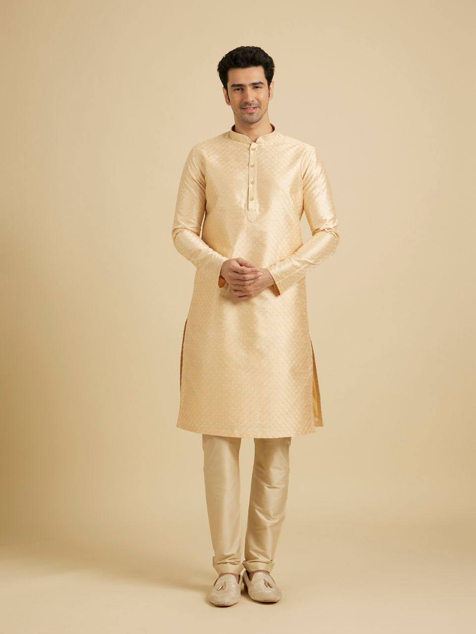 Manyavar Men Light Cream Embroidered Kurta Set