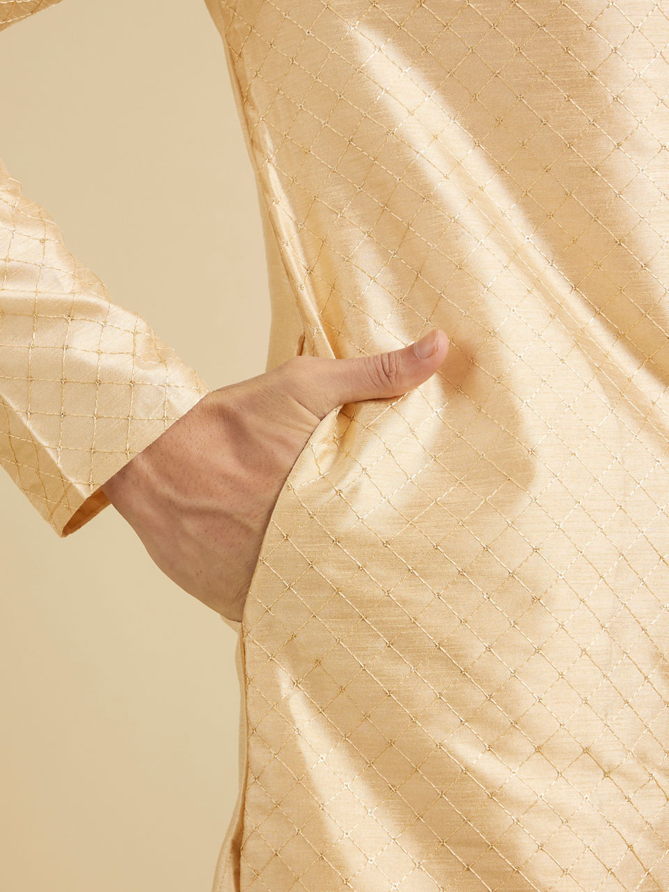 Manyavar Men Light Cream Embroidered Kurta Set