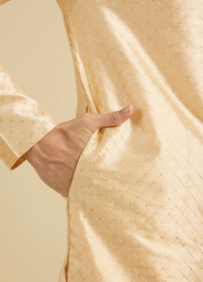 Manyavar Men Light Cream Embroidered Kurta Set