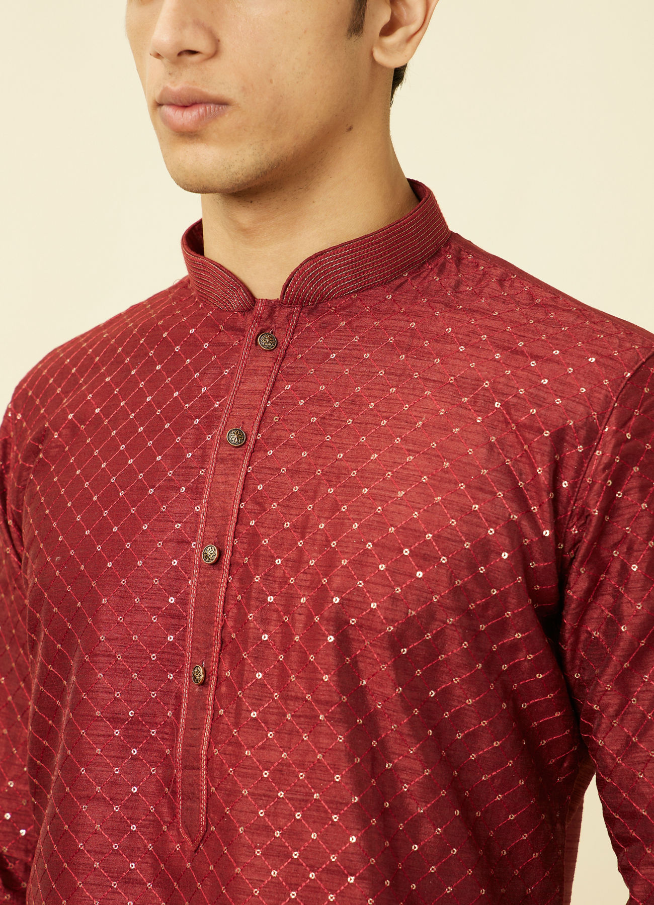 Manyavar Men Chilli Pepper Red Diamond Patterned Kurta Set