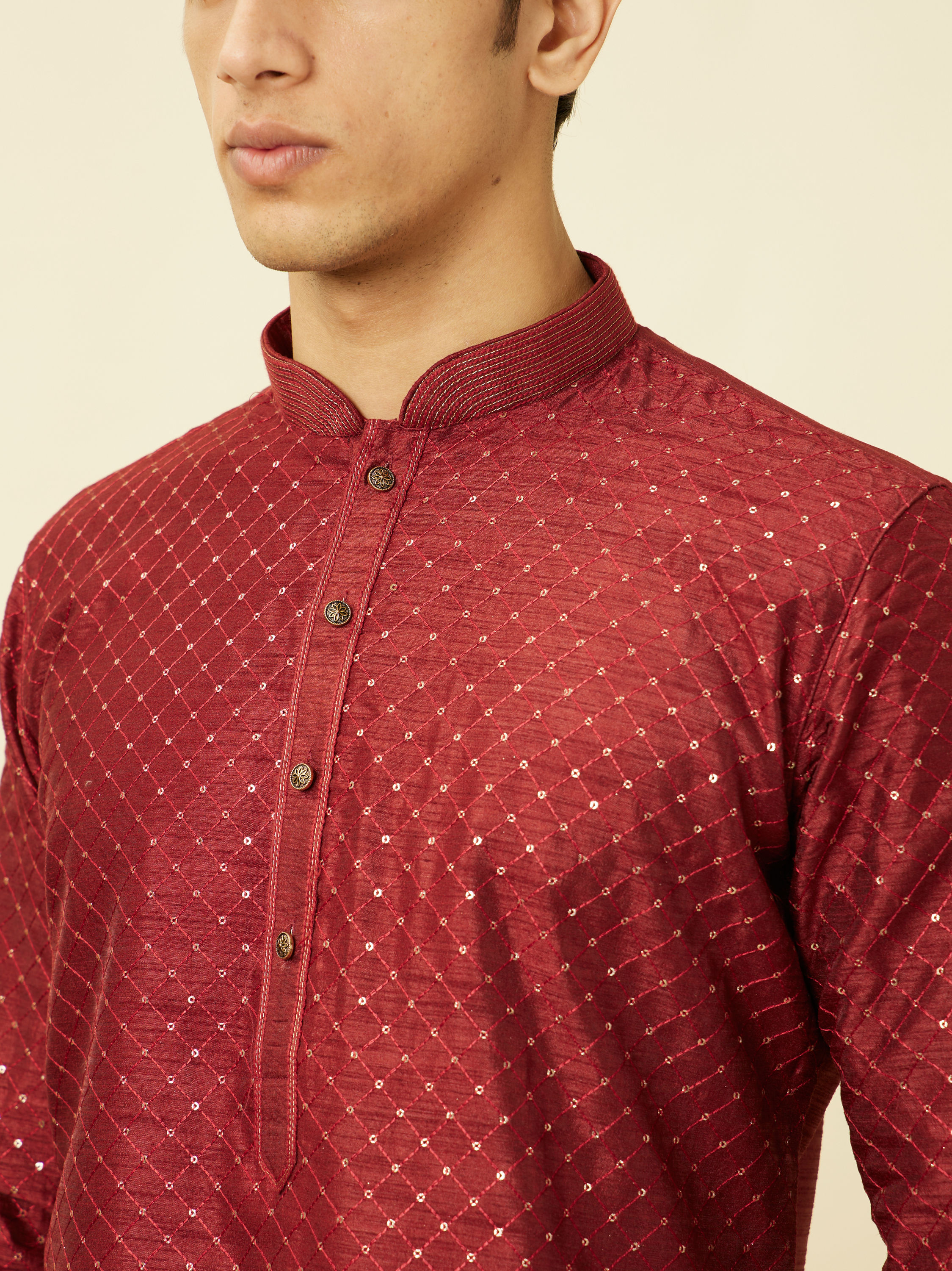 Manyavar Men Chilli Pepper Red Diamond Patterned Kurta Set