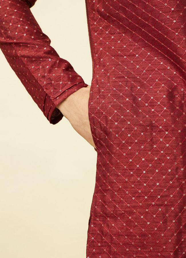 Manyavar Men Chilli Pepper Red Diamond Patterned Kurta Set