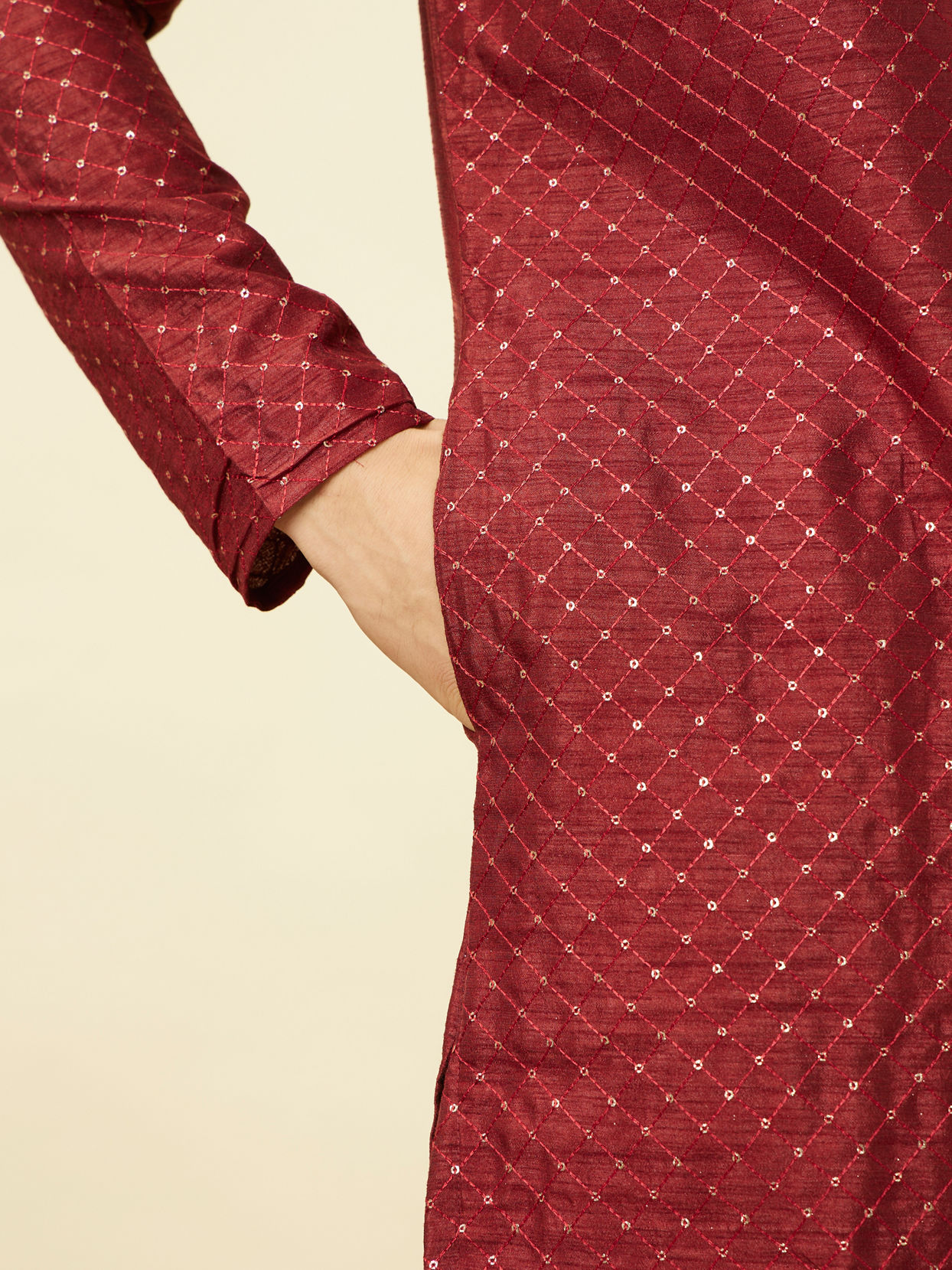Manyavar Men Chilli Pepper Red Diamond Patterned Kurta Set