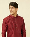 alt message - Manyavar Men Chilli Pepper Red Diamond Patterned Kurta Set image number 0