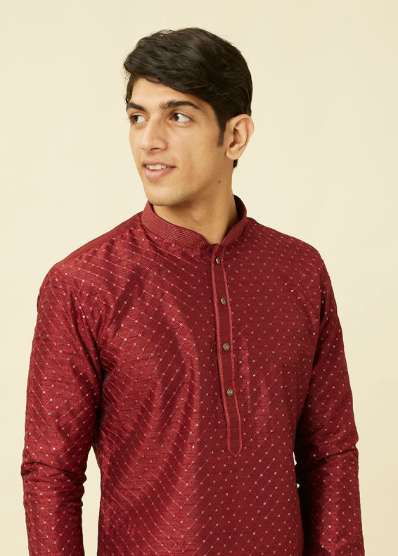 Manyavar Men Chilli Pepper Red Diamond Patterned Kurta Set