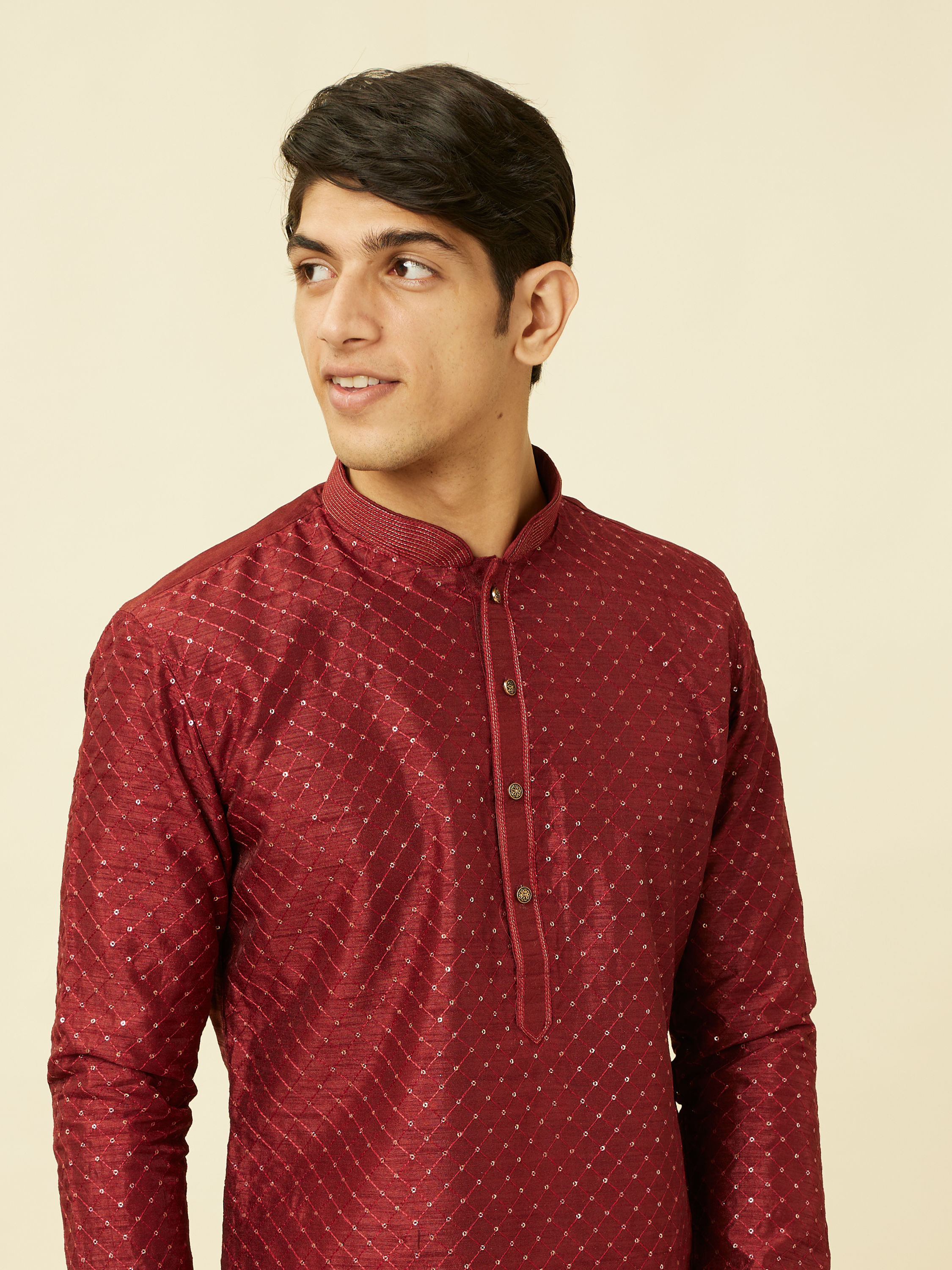 Manyavar Men Chilli Pepper Red Diamond Patterned Kurta Set