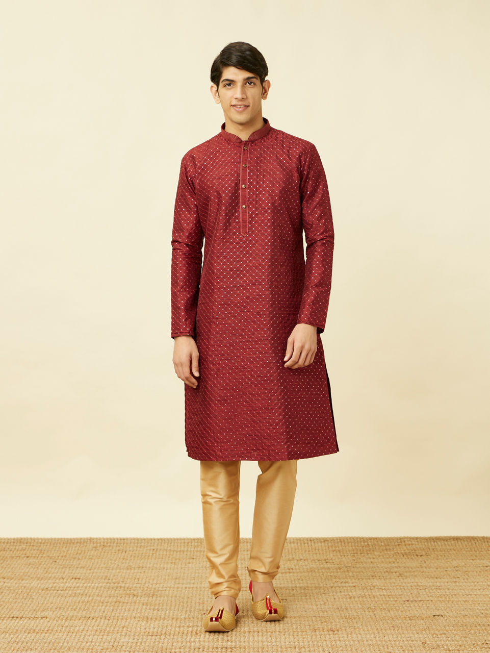 Manyavar Men Chilli Pepper Red Diamond Patterned Kurta Set