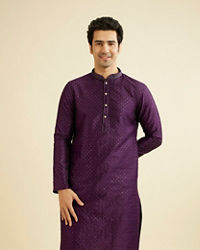 Manyavar Men Royal Purple Jaal Sequinned Kurta Set with Striped Collar