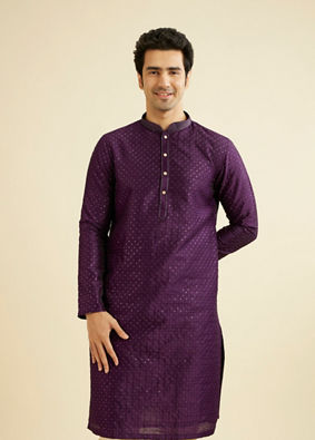 Manyavar Men Royal Purple Jaal Sequinned Kurta Set with Striped Collar image number 0