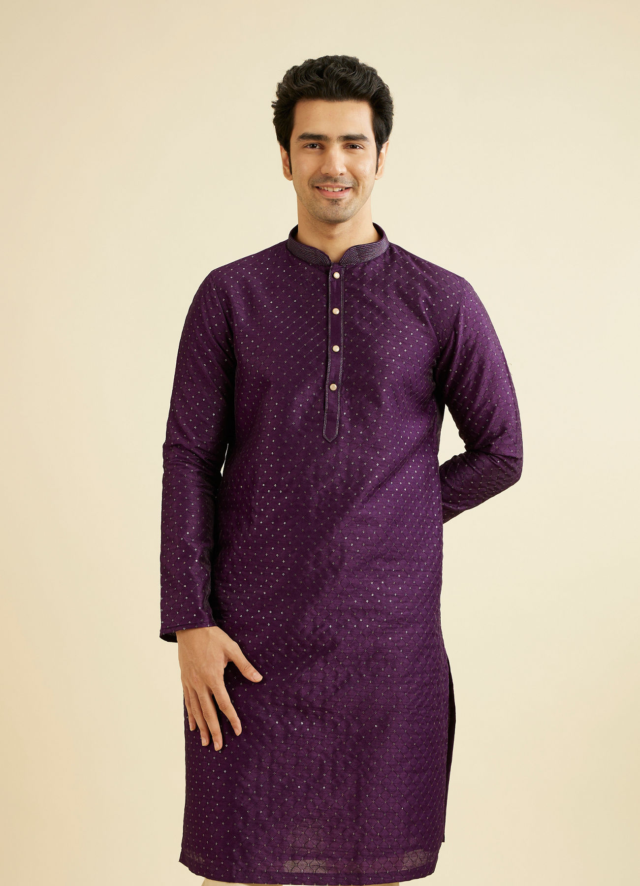 Manyavar Men Royal Purple Jaal Sequinned Kurta Set with Striped Collar