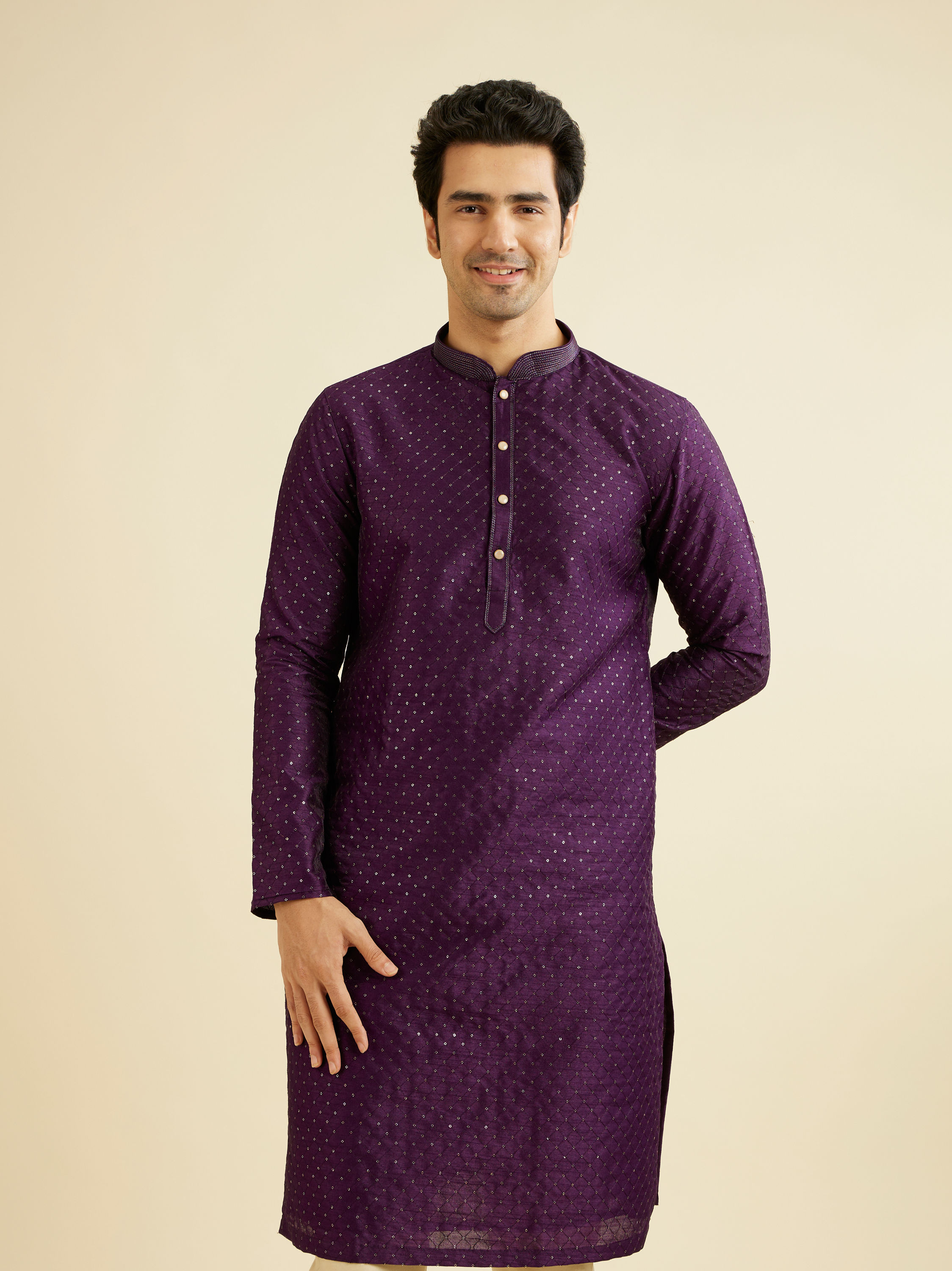 Manyavar Men Royal Purple Jaal Sequinned Kurta Set with Striped Collar