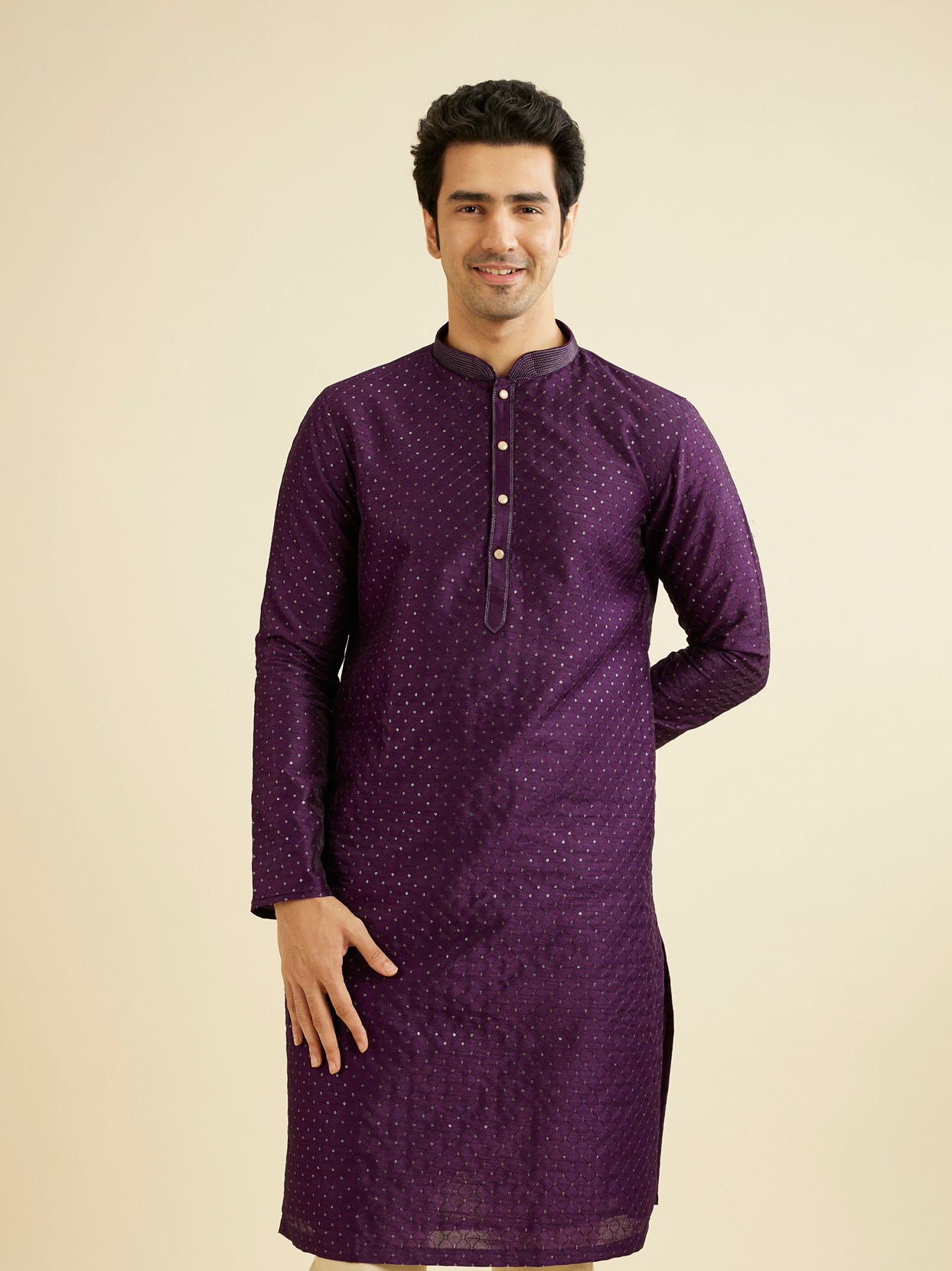 Manyavar Men Royal Purple Jaal Sequinned Kurta Set with Striped Collar