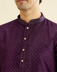 Manyavar Men Royal Purple Jaal Sequinned Kurta Set with Striped Collar