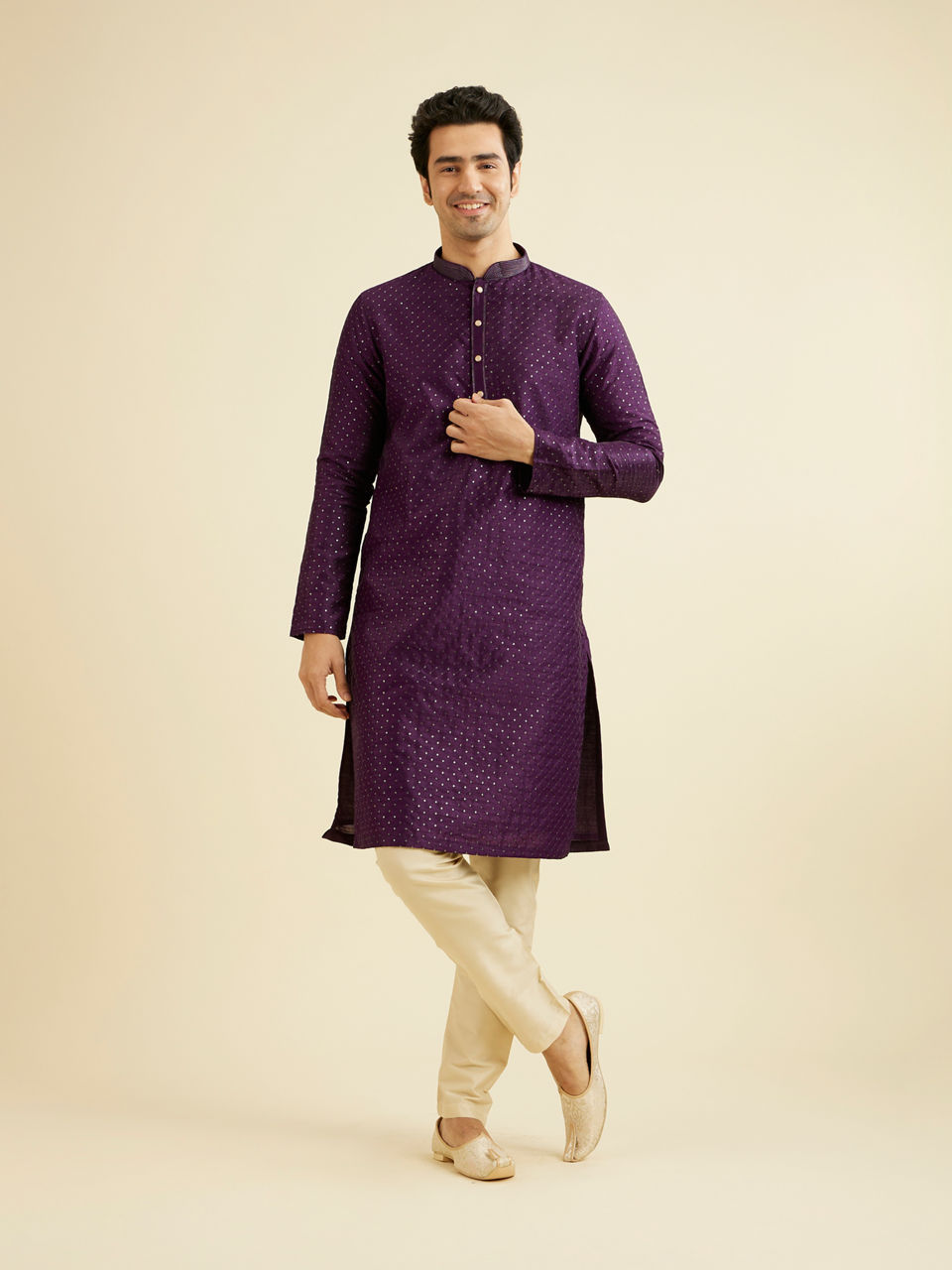 Manyavar Men Royal Purple Jaal Sequinned Kurta Set with Striped Collar