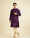 Manyavar Men Royal Purple Jaal Sequinned Kurta Set with Striped Collar